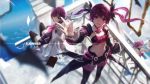  3girls :d aisha_(elsword) blurry book character_request depth_of_field elsword highres long_hair looking_up multiple_girls navel open_mouth paper purple_hair sitting smile swd3e2 twintails violet_eyes wind 