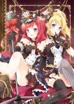  2girls :d ayase_eli blonde_hair blue_eyes hat idol long_hair love_live!_school_idol_project microphone_stand mini_top_hat mocha_(naturefour) multiple_girls nishikino_maki open_mouth ponytail redhead short_hair sitting smile top_hat violet_eyes 