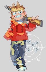  1boy absurdres antenna_hair black_eyes black_pants black_shoes brown_hair bullet_hole drawstring eddsworld fewer_digits flipped_hair full_body grin gun hair_behind_ear hair_ears hand_in_pocket highres holding holding_gun holding_weapon hood hood_down hoodie jitome long_sleeves looking_at_viewer male_focus official_style pants paul_ter_voorde_(style) red_hoodie shoes short_hair shotgun simple_background smile sneakers solo target toon_(style) tord_(eddsworld) weapon white_background yasunoe0 