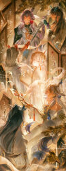  6+girls absurdres arknights bare_shoulders black_hair blonde_hair blue_hair chinese_commentary closed_eyes closed_mouth colored_extremities commentary_request dragon_girl dragon_horns dusk_(arknights) earrings from_behind green_hands grey_hair highres horns instrument jewelry jie_(arknights) jun_(arknights) kuilaogouhuabudongle ling_(arknights) long_hair long_sleeves looking_at_viewer multicolored_hair multiple_girls music nian_(arknights) off_shoulder playing_instrument pointy_ears purple_hair purple_hands red_hands shu_(arknights) siblings sisters smile very_long_hair yellow_hands 