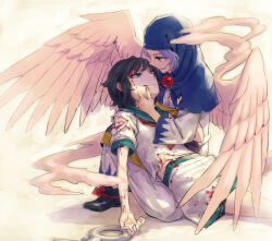  2girls anchor black_hair black_shoes blood blood_on_clothes blue_eyes blue_hair blue_hood brooch clouds dress green_eyes hand_on_another's_cheek hand_on_another's_face jewelry kumoi_ichirin long_sleeves looking_at_another lying_on_lap meimaru_inuchiyo midriff_peek missing_headwear multiple_girls murasa_minamitsu neckerchief red_neckerchief shirt shoes short_sleeves sitting smile torn_clothes touhou white_background white_dress white_shirt wings yuri 