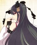  1girl bare_shoulders black_hair detached_sleeves from_behind fusou_(kantai_collection) hair_ornament hand_to_own_mouth highres japanese_clothes kantai_collection kimono long_hair looking_at_viewer looking_back red_eyes solo yukichi_(eikichi) 