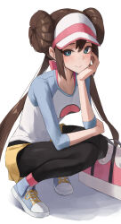  1girl bag black_pantyhose blue_eyes blush bow brown_hair closed_mouth donut_hair_bun double_bun full_body hair_bun hand_on_own_chin head_rest highres long_hair looking_at_viewer pantyhose pantyhose_under_shorts pink_bow pokemon pokemon_bw2 raglan_sleeves rosa_(pokemon) shiroshiroghost shirt shoes short_shorts shorts simple_background smile sneakers solo squatting twintails very_long_hair visor_cap white_background yellow_shorts 