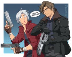  2boys beard_stubble black_gloves blue_eyes brown_hair closed_mouth coat commentary curtained_hair dante_(devil_may_cry) devil_may_cry_(series) devil_may_cry_5 ebony_&amp;_ivory english_commentary facial_hair fingerless_gloves gloves gun handgun highres holding holding_gun holding_weapon jacket large_pectorals leon_s._kennedy male_focus multiple_boys muscular muscular_male otagothic pants pectorals red_coat resident_evil resident_evil_requiem shirt short_hair stubble tight_clothes tight_shirt weapon white_hair 