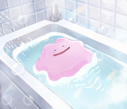  bath bathing bathtub blush bubble closed_eyes commentary_request ditto faucet highres in_bathtub no_humans open_mouth partially_submerged pokemon pokemon_(creature) pokemon_pokopia solo tile_wall tiles u_u water wednesday_108 