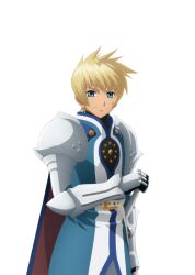  1boy armor artist_request belt blonde_hair blue_eyes blue_surcoat cape closed_mouth commentary cowboy_shot flynn_scifo game_cg gauntlets looking_at_viewer male_focus official_art sheath sheathed short_hair shoulder_armor silver_armor simple_background smile solo standing sword tales_of_(series) tales_of_asteria tales_of_vesperia third-party_source transparent_background vambraces weapon white_belt 
