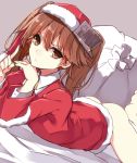  1girl aosaki_yukina bell bell_collar bottomless brown_eyes brown_hair chin_rest collar dutch_angle fur_trim hat japanese_clothes kantai_collection kariginu looking_at_viewer lying on_stomach ryuujou_(kantai_collection) sack santa_costume santa_hat solo twintails 