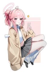  1girl absurdres ahoge black_skirt blue_archive blush cardigan collared_shirt dakkgae_01 full_body hair_bun halo highres jacket long_sleeves looking_at_viewer loose_socks midriff natsu_(band)_(blue_archive) natsu_(blue_archive) navel official_alternate_costume open_clothes pink_eyes pink_hair pink_halo pleated_skirt shirt shoes simple_background single_side_bun skirt sleeves_past_wrists smile socks solo star_(symbol) v white_background white_shirt white_socks yellow_jacket 
