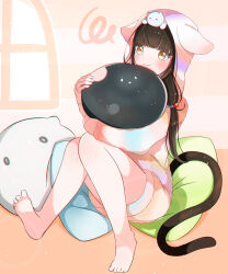  1girl absurdres animal_ears animal_hood animal_on_head asakura_karen_(heaven_burns_red) barefoot black_hair blunt_bangs blush cat cat_ears cat_hood cat_on_head cat_tail closed_mouth commentary convenient_leg creature fake_animal_ears frown full_body hair_bobbles hair_ornament heaven_burns_red highres holding holding_creature hood hood_up indoors kamakamapoke knees_together_feet_apart knees_up long_hair looking_at_viewer low_twintails official_alternate_costume on_head on_pillow pajamas sitting sleeves_past_wrists slime_(creature) solo split_mouth squiggle striped_clothes striped_pajamas tail toes twintails window yellow_eyes 
