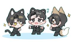  3boys absurdres animal_ears black_eyes black_hair black_jacket black_pants cat_ears cat_tail closed_mouth commentary e.g.o_(project_moon) english_commentary flying_sweatdrops fox_ears fox_tail highres index_(identity)_(project_moon) jacket library_of_ruina limbus_company may.l multiple_boys open_mouth pants project_moon rien_(project_moon) roland_(project_moon) simple_background smile sunshower_(e.g.o) tail white_background yellow_eyes yi_sang_(project_moon) 