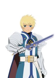  1boy armor artist_request belt blonde_hair blue_eyes blue_surcoat cape closed_mouth commentary cowboy_shot flynn_scifo game_cg gauntlets holding holding_sword holding_weapon looking_at_viewer male_focus official_art short_hair shoulder_armor silver_armor simple_background smile solo standing sword tales_of_(series) tales_of_asteria tales_of_vesperia third-party_source transparent_background vambraces weapon white_belt 