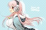  1girl blush breasts headphones large_breasts long_hair looking_at_viewer looking_to_the_side nitroplus open_mouth pink_hair profile red_eyes smile solo super_sonico 