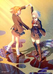  2girls arm_up black_shoes black_thighhighs blazer blood blood_on_ground blue_cardigan cardigan command_spell commentary dancing english_commentary fate/grand_order fate_(series) fujimaru_ritsuka_(female) highres id_(fate/grand_order) jacket jeanne_d'arc_alter_(fate) lapels long_sleeves looking_at_another loose_socks medium_hair miniskirt multiple_girls necktie notched_lapels official_alternate_costume open_mouth orange_eyes orange_hair pearlglimmer pleated_skirt pseudo-tokyo_school_uniform puddle red_necktie school_uniform shoes short_hair skirt socks standing sunlight thigh-highs white_hair yellow_eyes 