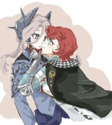  2girls blue_eyes blue_jacket blue_shirt brown_background cape eye_contact face-to-face from_side gauntlets green_cape grey_eyes grey_hair grin hair_ornament hand_on_another's_chin hutsutoka imminent_kiss jacket long_hair looking_at_another marsha_(reverse:1999) mole mole_under_eye multiple_girls profile red_hair reverse:1999 sentinel_(reverse:1999) shirt short_hair smile two-tone_background upper_body white_background yuri 