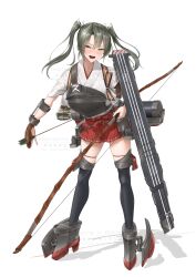  1girl absurdres arrow_(projectile) black_thighhighs bow_(weapon) brown_gloves commentary_request flight_deck full_body gloves green_eyes grey_hair hair_ribbon hakama hakama_short_skirt hakama_skirt highres holding holding_bow_(weapon) holding_weapon japanese_clothes kantai_collection kimono leaning_forward long_hair muneate partially_fingerless_gloves quiver red_hakama ribbon shushan simple_background single_glove skirt smile solo thigh-highs twintails weapon white_background white_kimono white_ribbon yugake zuikaku_(kancolle) 