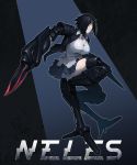  1girl black_hair blade breasts character_name coat hetza_(hellshock) highres nagai_gojitsudan_no_nechronica neles_(hetza) prosthesis prosthetic_arm prosthetic_leg prosthetic_weapon reverse_jointed_legs short_hair simple_background skirt solo 