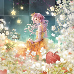  1girl a.tong bare_shoulders black_bow bow brown_eyes character_name chinese_commentary choker closed_mouth colorful_cake_tower_(shining_nikki) commentary_request cowboy_shot crown cupcake dress earrings english_text flower food food-themed_hat forehead from_behind fruit garden gold_crown gown green_sky hair_bun happy happy_birthday hat hat_bow heart heart_earrings heart_necklace holding_own_dress jewelry light_blush light_particles lipstick long_dress long_hair looking_at_viewer looking_back makeup mini_crown necklace night nikki_(nikki) nikki_(series) official_alternate_color outdoors pink_hair pink_lips shining_nikki shoulder_blades single_hair_bun sky skyline sleeveless sleeveless_dress smile solo standing star_(sky) star_(symbol) starry_sky strawberry unworn_jewelry unworn_necklace waist_bow watermark wavy_hair weibo_watermark white_flower wrist_bow yellow_bow yellow_choker yellow_dress 