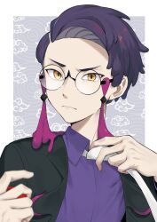  1boy adjusting_clothes adjusting_necktie black-framed_eyewear black_hair black_jacket blurry blurry_foreground closed_mouth collared_shirt commentary_request corbeau_(pokemon) glasses grey_background harutao_(mecz5525) highres holding holding_poke_ball jacket looking_at_viewer male_focus necktie open_clothes open_jacket poke_ball pokemon pokemon_legends:_z-a shirt short_hair solo upper_body white_necktie yellow_eyes 