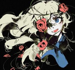  1girl ascot black_background blending blue_ascot blue_eyes blush cropped_shoulders flower flower_over_eye highres ib_(kouri) long_hair looking_at_viewer looking_to_the_side mary_(ib) open_mouth portrait red_flower red_rose rose simple_background smile solo xenoee 
