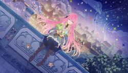  1girl aogu_yozora_ni_hoshi_wa_magirete_(project_sekai) aqua_flower bare_shoulders bellflower blue_dress blue_nails blue_pantyhose blue_ribbon blue_sky blue_sleeves boots brown_boots buttons closed_mouth colorful_palette detached_sleeves dot_nose dress dutch_angle fingernails floating_hair flower four-pointed_star full_body game_cg gradient_clothes gradient_dress gradient_sleeves green_dress green_sleeves hair_ornament hair_ribbon high-low_dress high_collar highres lace-trimmed_dress lace-trimmed_sleeves lace_trim leo/need_luka light_blush long_hair long_sleeves megurine_luka multicolored_ribbon multicolored_sky nail_polish official_alternate_costume official_art outdoors pantyhose pink_hair project_sekai purple_ribbon purple_sky purple_theme ribbon sidelocks sitting sky smile solo sparkle star_(sky) star_(symbol) straight_hair tassel third-party_source town very_long_hair violet_eyes vocaloid x_hair_ornament 