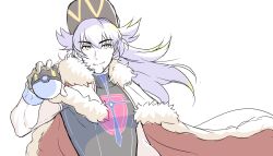  1boy absurdres cape ch_walnut champion_uniform closed_mouth commentary_request facial_hair floating_cape fur-trimmed_cape fur_trim gloves hair_between_eyes hand_up hat highres holding holding_poke_ball korean_commentary leon_(pokemon) long_hair male_focus partially_fingerless_gloves poke_ball pokemon pokemon_swsh print_shirt purple_hair red_cape shirt short_sleeves simple_background smile solo ultra_ball upper_body white_background wristband yellow_eyes 