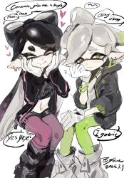  2girls baydee black_hair black_jacket callie_(splatoon) closed_eyes crop_top ear_piercing gloves green_leggings highres inkling jacket leggings marie_(splatoon) multiple_girls navel piercing pink_leggings pointy_ears splatoon_(series) splatoon_1 tentacle_hair white_gloves white_hair yellow_eyes 