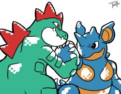  black_eyes bright_pupils claws eye_contact fangs fangs_out feraligatr holding_hands looking_at_another nidoqueen no_humans pokemon pokemon_(creature) pokemon_focus pokemon_gsc rc_dreams red_eyes signature simple_background white_background white_pupils 