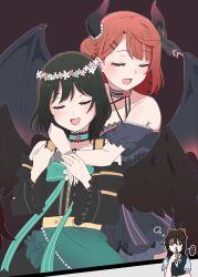  ... 3girls black_dress black_hair black_horns black_wings braid bun_with_braided_base commentary_request criss-cross_halter demon_girl demon_horns demon_wings dress frilled_sleeves frills gradient_horns gradient_wings hair_bun hair_ornament hairclip halter_dress halterneck highres horns hug hug_from_behind imagining long_sleeves love_live! love_live!_nijigasaki_high_school_idol_club medium_hair mifune_shioriko multicolored_horns multicolored_wings multiple_girls off-shoulder_dress off_shoulder orange_hair osaka_shizuku parallel_hairclips red_horns red_wings single_side_bun speech_bubble spoken_ellipsis taiyakippassion tokimeki_fes_tenshi_to_akuma_kara_no_shoutaijou uehara_ayumu wings 