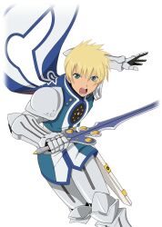  1boy armor artist_request belt blonde_hair blue_eyes blue_surcoat cape commentary cowboy_shot fighting_stance flynn_scifo game_cg gauntlets holding holding_sword holding_weapon looking_at_viewer male_focus official_art open_mouth sheath short_hair shoulder_armor silver_armor simple_background solo sword tales_of_(series) tales_of_asteria tales_of_vesperia teeth third-party_source transparent_background vambraces weapon white_belt 