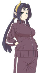  1girl alternate_hairstyle black_hair blue_eyes breasts commentary_request cosplay cowboy_shot demon_girl demon_horns digimon digimon_(creature) digimon_card_game digimon_liberator eyelashes facial_mark forehead_mark hands_in_pockets horns jacket large_breasts lilithmon long_hair low_twintails official_alternate_costume pants pink_lips purple_jacket purple_pants purple_track_suit simple_background solo taira_(tairamon) track_suit twintails violet_inboots violet_inboots_(cosplay) white_background 