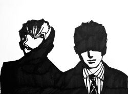  1boy commentary diamond_wa_kudakenai formal_clothes highres jojo_no_kimyou_na_bouken kawajiri_kosaku killer_queen kira_yoshikage monochrome necktie pinstripe_pattern pinstripe_shirt santamanymany shaded_face shirt split_theme suit upper_body 