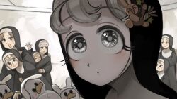  6+girls :< :d animal_ears bird blonde_hair brown_hair bunny_nun_(diva) chicken clumsy_nun_(diva) commentary diva_(hyxpk) duck english_commentary eyelashes froggy_nun_(diva) glasses glasses_nun_(diva) grey_eyes grey_hair hair_ornament highres hungry_nun_(diva) little_nuns_(diva) mole mole_on_cheek multiple_girls nun rabbit_ears rabbit_hair_ornament round_eyewear sheep_nun_(diva) smile sparkling_eyes strict_nun_(diva) traditional_nun 