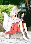  1girl animal_ears arm_support barefoot highres long_hair mitsuru_(habihapi) original red_eyes sitting skirt smile solo tail white_hair 
