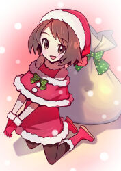  1girl absurdres alternate_costume bag boots bow brown_eyes brown_hair brown_pantyhose christmas commentary_request dress eyelashes full_body gloria_(pokemon) gloves green_bow hat highres open_mouth pantyhose pokemon pokemon_swsh red_boots red_dress red_gloves red_hat sack santa_costume santa_dress santa_hat short_hair smile solo striped_bow white_bag yaguchi_sumiharu 