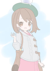  1girl backpack bag blue_background blush_stickers border brown_bag brown_eyes brown_hair cable_knit cardigan collared_dress commentary_request dress gloria_(pokemon) green_hat grey_cardigan hat highres hood hooded_cardigan long_sleeves looking_at_viewer open_mouth pink_dress pokemon pokemon_swsh shisa-tsukishima smile solo tam_o'_shanter two-tone_background white_border 