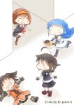  4girls ahoge blue_hair braid c: commentary food hair_ornament hairband hinata_yuu kantai_collection lying multiple_girls noodles on_floor ramen samidare_(kantai_collection) school_uniform sendai_(kantai_collection) serafuku shigure_(kantai_collection) shiratsuyu_(kantai_collection) sleeping smile 