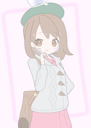  1girl backpack bag blush_stickers border brown_bag brown_eyes brown_hair buttons cable_knit cardigan collared_dress commentary_request dress gloria_(pokemon) green_hat grey_cardigan hat highres hood hooded_cardigan long_sleeves outside_border pink_background pink_dress pokemon pokemon_swsh shisa-tsukishima smile solo tam_o'_shanter white_border 
