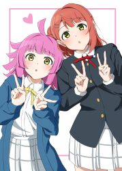  2girls :o absurdres ahoge black_jacket blue_jacket blunt_bangs blunt_ends blush border collared_shirt cowboy_shot double_v green_eyes hair_ornament hairclip hands_up heart highres hood hood_down hooded_jacket inset_border jacket kishimen_hair leaning_to_the_side long_sleeves looking_at_viewer love_live! love_live!_nijigasaki_high_school_idol_club multiple_girls neck_ribbon nijigasaki_school_uniform open_clothes open_jacket open_mouth orange_hair outside_border parallel_hairclips pink_border pink_hair pleated_skirt red_ribbon ribbon school_uniform shirt simple_background skirt sleeves_past_wrists standing tennoji_rina uchuu_no_mozuku uehara_ayumu v white_background white_shirt white_skirt winter_uniform yellow_eyes yellow_ribbon 