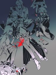  3boys 3girls blood blood_on_arm blood_on_clothes blood_on_face blood_on_ground blood_on_hands blood_on_weapon blunt_bangs braid chinese_commentary closed_eyes closed_mouth commentary_request genshin_impact glowing glowing_eyes gradient_background hair_between_eyes hair_ornament hat highres holding japanese_clothes kamisato_ayato kneeling long_hair looking_at_viewer lying mole mole_under_eye mole_under_mouth monochrome multiple_boys multiple_girls nahida_(genshin_impact) on_back pink_eyes raiden_shogun red_eyes scaramouche_(genshin_impact) shikanoin_heizou simple_background single_braid sitting standing violet_eyes wanderer_(genshin_impact) weapon yae_miko zai_aoye_wo_shi_gou 