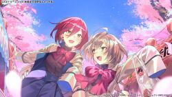  2girls :d ahoge assault_lily bag black_shirt blue_skirt blue_sky blurry blurry_foreground blush bow bowtie breasts cherry_blossoms commentary_request copyright_notice day drooling falling_petals festival fingernails food food_stand green_eyes grey_hair grocery_bag hair_between_eyes hand_up hands_up hatsukano_yo herensuge_girls_academy_school_uniform high-waist_skirt hiro_(hirohiro_gorira) holding holding_bag jacket lantern long_bangs long_hair long_sleeves looking_ahead looking_at_another looking_back medium_breasts mouth_drool multicolored_hair multiple_girls official_art open_clothes open_jacket open_mouth outdoors outstretched_arm oversized_clothes paper_lantern petals plastic_bag pleated_skirt red_bow red_bowtie red_hair sasaki_ran school_uniform shirt shopping_bag short_hair skirt sky sleeves_past_fingers sleeves_past_wrists smile standing streaked_hair taiyaki tree upper_body wagashi white_jacket yellow_eyes 