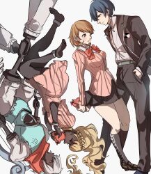  2boys 2girls belt black_jacket black_pants black_skin black_skirt black_socks blonde_hair blue_hair blush bow bowtie box box_of_chocolates bracelet braid breasts brown_eyes brown_hair brown_shoes cardigan choker colored_skin crown_braid dress earrings flipped_hair from_side gekkoukan_high_school_uniform gift grey_hair hand_in_pocket heart-shaped_box height_difference highres holding holding_box holding_gift io_(persona) jacket jewelry kneehighs long_hair long_sleeves looking_at_another miniskirt multiple_boys multiple_girls neck_ribbon open_clothes open_jacket orpheus_(persona) pants parted_lips persona persona_(summon) persona_3 pink_cardigan pink_dress pleated_skirt profile red_bow red_bowtie red_eyes ribbed_cardigan ribbon school_uniform shirt shoes short_hair simple_background skirt socks stud_earrings takeba_yukari upside-down valentine white_choker white_shirt wing_collar yuuki_makoto_(persona_3) yuyuy_00 