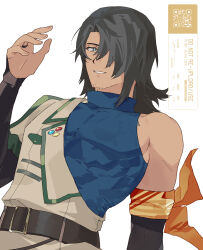  1boy alternate_costume badge bandana bandana_around_arm bare_shoulders belt black_belt black_gloves black_hair blue_bodysuit bodysuit bridal_gauntlets brown_coat button_badge coat commentary_request facial_hair gloves goya_(xalbino) green_eyes hadanugi_dousa hair_over_one_eye highres long_hair looking_at_viewer male_focus orange_bandana schwann_oltorain simple_background single_bare_shoulder sleeveless sleeveless_bodysuit smile solo stubble tales_of_(series) tales_of_vesperia toned toned_male turtleneck turtleneck_bodysuit white_background 