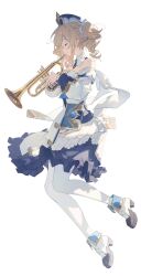  1girl absurdres barbara_(genshin_impact) blonde_hair book boots closed_eyes detached_collar detached_sleeves dress drill_hair from_side genshin_impact hat highres holding holding_instrument holding_trumpet instrument mengaijiang924 pantyhose profile simple_background smile solo strapless strapless_dress trumpet twintails vision_(genshin_impact) white_background white_dress white_pantyhose white_sleeves 