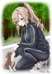  1girl :d absurdres alternate_costume artist_name baby_animal black_jacket black_pants black_ribbon black_track_suit border breasts brown_hair dog eydis_(sao) forest full_body hair_between_eyes hair_ribbon high_ponytail highres jacket long_hair looking_at_animal looking_down medium_breasts messy_hair multicolored_shoes nature on_one_knee open_mouth outdoors pants parted_bangs petting phanuchan ponytail puppy puppy_day red_eyes red_shoes ribbon road shoes sidelocks signature smile sneakers solo sword_art_online sword_art_online:_alicization sword_art_online:_unleashed_blading tongue track_jacket track_pants track_suit two-tone_shoes white_border white_shoes 