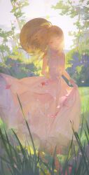  1girl absurdres ahoge akamatsu_kaede bare_shoulders blonde_hair breasts closed_mouth commentary danganronpa_(series) danganronpa_v3:_killing_harmony dress grasslands hair_ornament hand_on_skirt hat highres long_hair medium_breasts musical_note musical_note_print numbcomfort1999 open_mouth pink_shoes shoes sleeveless sleeveless_dress smile straw_hat sunlight tree untranslatable_commentary 