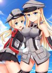  2girls :d anchor_hair_ornament bare_shoulders bismarck_(kantai_collection) black_legwear black_skirt blonde_hair blue_eyes blue_sky cowboy_shot detached_sleeves gloves hat highres iron_cross kantai_collection long_hair looking_at_viewer microskirt military military_hat military_uniform mmrailgun multiple_girls ocean open_mouth panties peaked_cap pleated_skirt prinz_eugen_(kantai_collection) skirt sky smile thigh-highs twintails underwear uniform white_gloves white_panties 