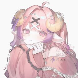  1girl absurdres ahoge animal_ear_fluff animal_ears bare_shoulders black_eyes bow character_request closed_mouth commentary copyright_request frilled_sleeves frills hair_between_eyes hair_intakes hair_ornament hands_up head_rest heart highres horn_bow horn_ornament horns long_hair long_sleeves looking_at_viewer multicolored_eyes multicolored_hair off-shoulder_shirt off_shoulder own_hands_together pink_eyes pink_hair pink_shirt purple_hair sample_watermark sheep_ears sheep_horns shirt simple_background sleeves_past_wrists solo spaghetti_strap split_mouth tete0327 untranslatable_commentary watermark white_background white_bow x_hair_ornament 