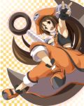  1girl anchor brown_eyes checkered checkered_background fingerless_gloves flat_chest gloves guilty_gear guilty_gear_xrd hat highres huge_weapon long_hair may_(guilty_gear) pirate_hat sch smile solo v weapon 
