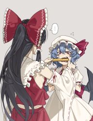  2girls absurdres ascot bat_wings biting blue_hair bow brown_hair commentary detached_sleeves drooling fangs frilled_bow frilled_hair_tubes frills grey_background hair_bow hair_tubes hakurei_reimu hat hat_ribbon highres long_hair measuring mob_cap multiple_girls puffy_short_sleeves puffy_sleeves red_ascot red_bow red_eyes red_skirt remilia_scarlet ribbon ribbon-trimmed_sleeves ribbon_trim romaji_commentary ruler saliva shimiya_jin shirt short_sleeves simple_background skirt skirt_set touhou white_hat white_shirt white_skirt wings 