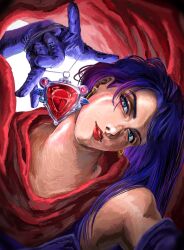 1girl arm_up battle_tendency blue_eyes commentary earrings floating_scarf gloves head_tilt highres holding hoop_earrings jewelry jg2iqo jojo_no_kimyou_na_bouken lipstick lisa_lisa long_hair looking_to_the_side looking_up makeup parted_lips portrait purple_hair red_lips red_stone_of_aja scarf shirt sleeveless sleeveless_shirt smile solo untranslatable_commentary 